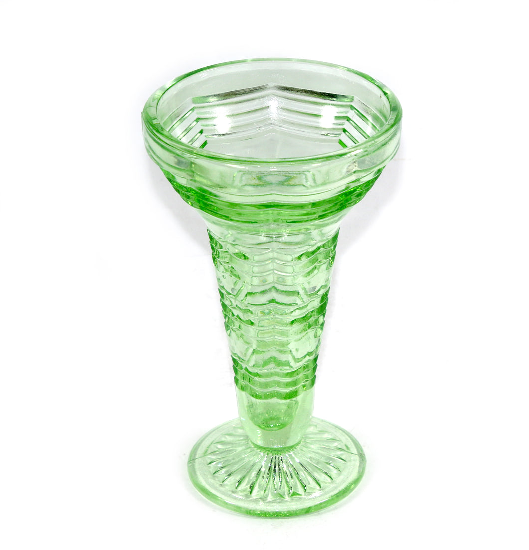 Vintage art deco wave pattern green depression glass flared top vase