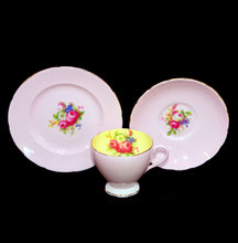 Load image into Gallery viewer, Vintage E Brain Old Foley hand coloured pastel pink &amp; lemon pretty teacup trio

