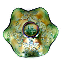 Load image into Gallery viewer, Vintage FENTON USA green Autumn Acorns ruffle edge carnival glass bowl
