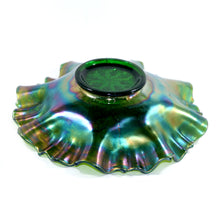 Load image into Gallery viewer, Vintage FENTON green carnival glass HOLLY pedestal ruffle edge bowl
