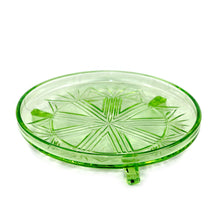 Load image into Gallery viewer, Vintage pretty pressed green depression glass art deco three footed cake stand

