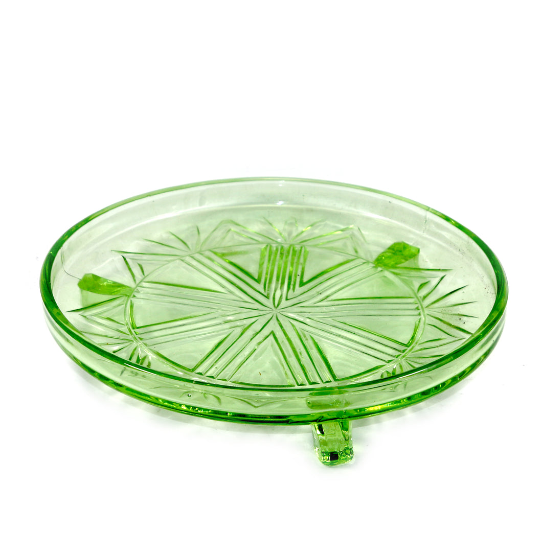 Vintage pretty pressed green depression glass art deco three footed cake stand