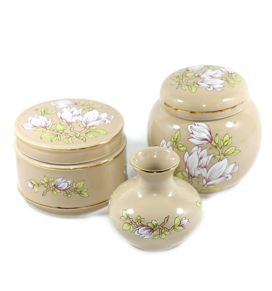 Vintage pretty Sadler England MAGNOLIA powder bowl ginger jar & vase set