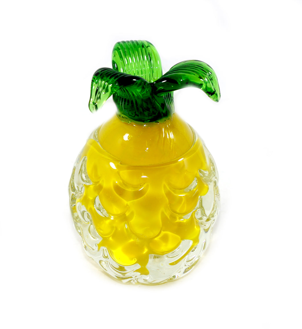 Vintage funky yellow & green solid heavy glass pineapple fruit paperweight