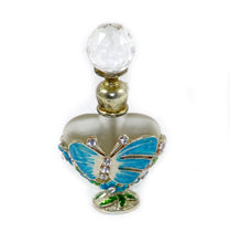 Load image into Gallery viewer, Vintage art deco style metal glass turquoise butterfly perfume bottle
