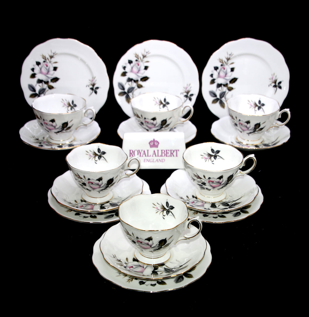 Vintage ROYAL ALBERT England QUEEN'S MESSENGER set of 6 white roses teacup trio sets