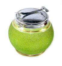 Load image into Gallery viewer, Vintage green textured frosted glass sugar bowl with built in silver plated scissor tongs
