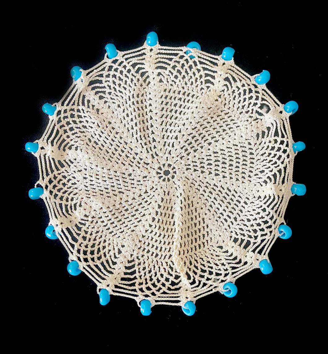 Vintage fresh white fine crochet lace jam pot cover with turquoise blue bead weights