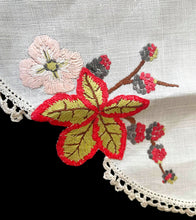 Load image into Gallery viewer, Vintage cream linen embroidered flower &amp; leaf large oval doily mat 50cm x 30cm
