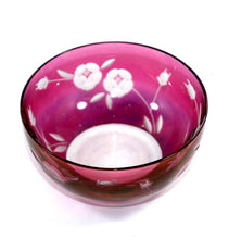 Load image into Gallery viewer, Vintage amethyst overlay lustre rose etched small glass bowl
