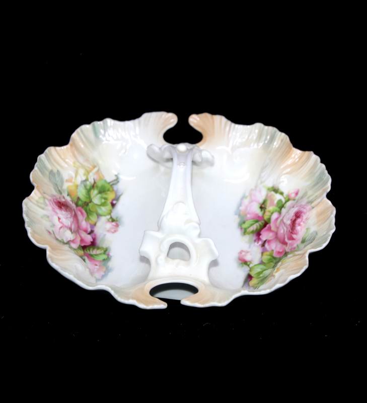 Vintage stunning pink roses ornate bowl with centre handle