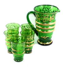 Load image into Gallery viewer, Vintage dark green &amp; gilded glass lemonade set &amp; 5 matching glasses
