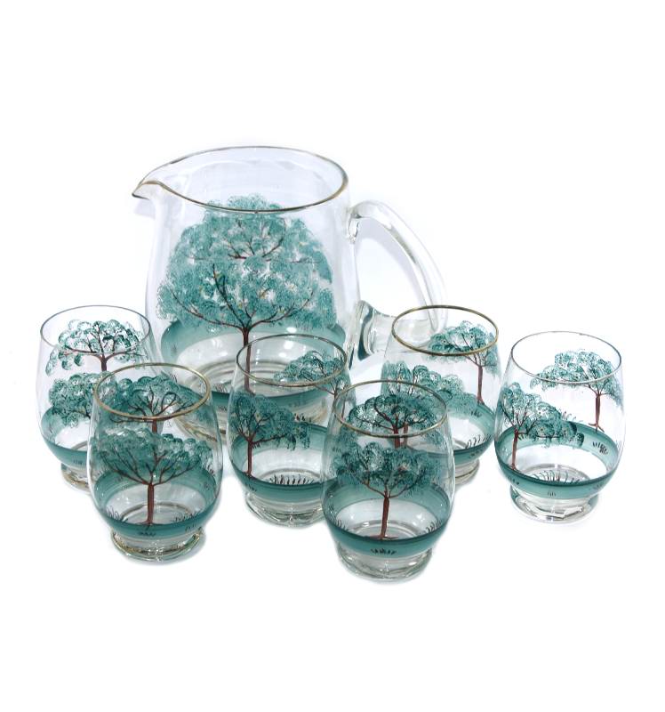 Vintage handpainted trees glass lemonade set jug & 6 matching glasses