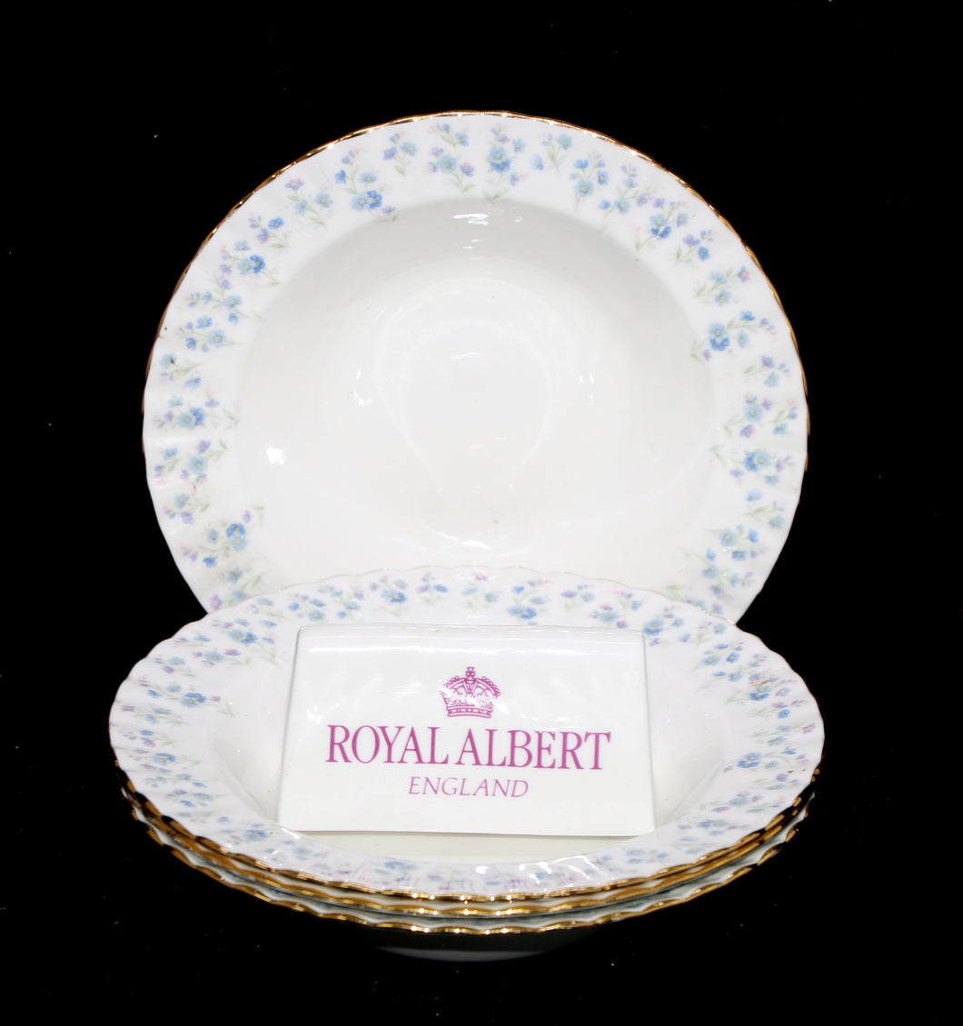 Vintage ROYAL ALBERT England MEMORY LANE forget me not rimmed soup bowls x 4