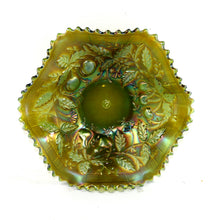 Load image into Gallery viewer, Vintage NORTHWOOD green carnival glass THREE FRUITS wave sawtooth edge bowl
