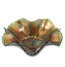 Load image into Gallery viewer, Vintage FENTON green carnival glass PEACOCK TAIL wave sawtooth edge bowl
