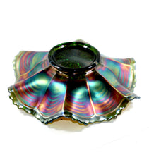 Load image into Gallery viewer, Vintage FENTON green carnival glass PEACOCK TAIL wave sawtooth edge bowl
