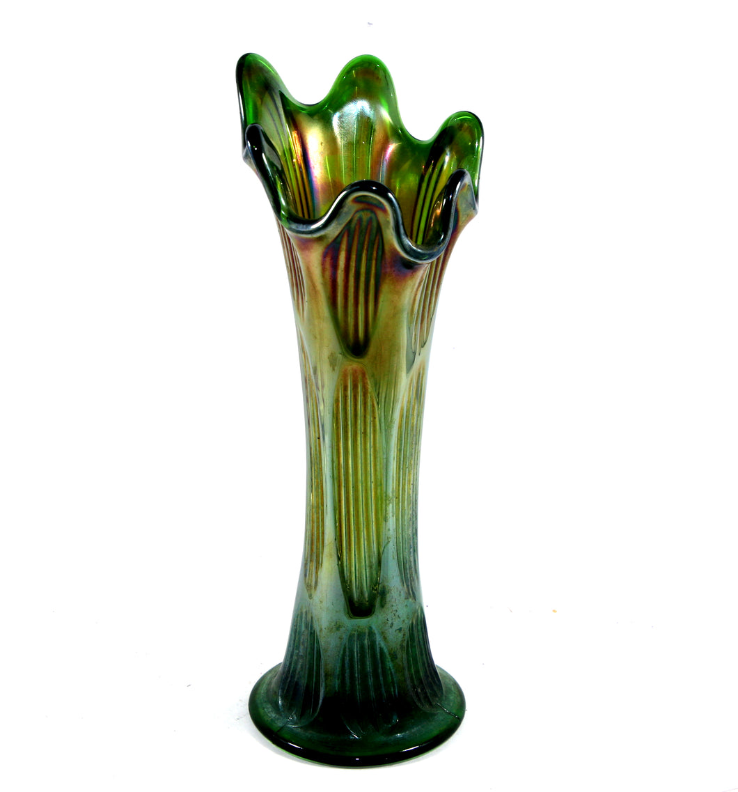 Vintage pretty green shimmer ribbed tall carnival glass flared top vase