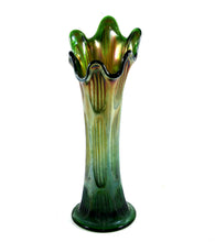 Load image into Gallery viewer, Vintage pretty green shimmer ribbed tall carnival glass flared top vase
