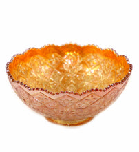 Load image into Gallery viewer, Vintage exquisitely detailed stars &amp; daisies marigold carnival glass bowl
