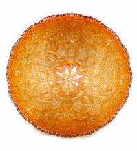 Load image into Gallery viewer, Vintage exquisitely detailed stars &amp; daisies marigold carnival glass bowl
