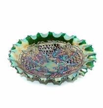 Load image into Gallery viewer, Vintage FENTON USA green GRAPE &amp; CABLE carnival glass bowl ruffle edge
