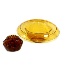 Load image into Gallery viewer, Vintage large amber rolled edge float bowl and flower arranging frog
