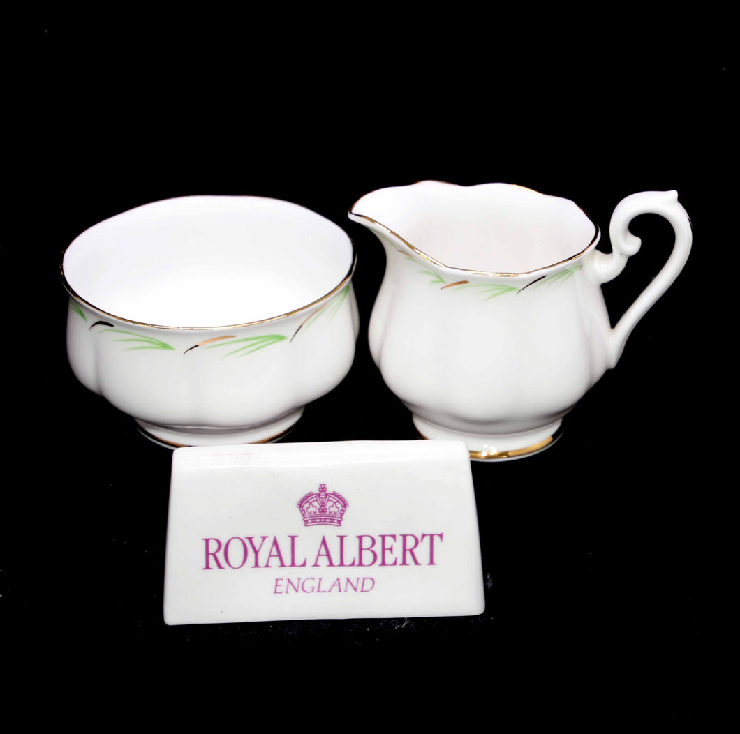 Vintage 1950s ROYAL ALBERT England white & green large sugar bowl & milk jug set