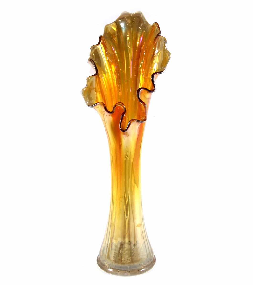 Vintage stunning tall ruffle top soft ribbed marigold carnival glass vase