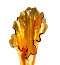 Load image into Gallery viewer, Vintage stunning tall ruffle top soft ribbed marigold carnival glass vase
