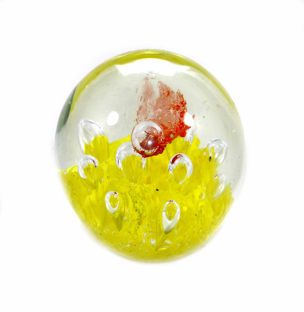 Vintage yellow & red controlled bubble pretty solid glass heavy paperweight