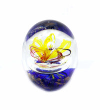 Load image into Gallery viewer, Vintage huge blue yellow &amp; pink controlled bubble solid glass heavy paperweight
