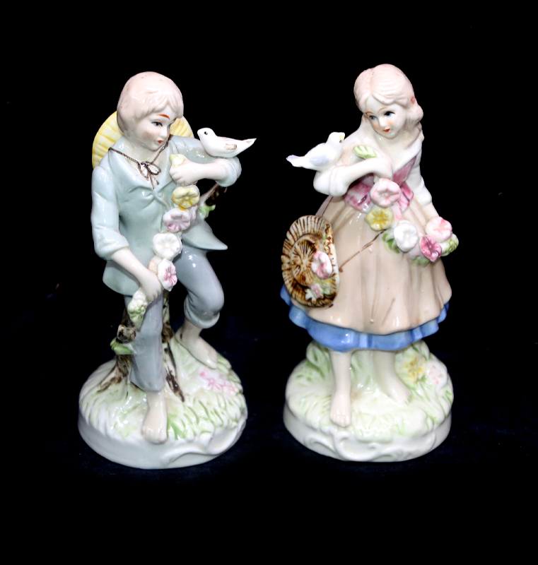 Vintage pair of sweet romantic china boy & girl figurines with doves & flowers
