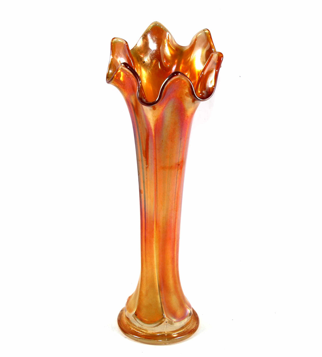 Vintage pretty marigold orange shimmer 6 rib 23.5cm carnival glass vase