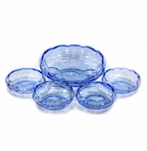 Load image into Gallery viewer, Vintage beautiful heavy blue depression glass master bowl &amp; 4 small bowls
