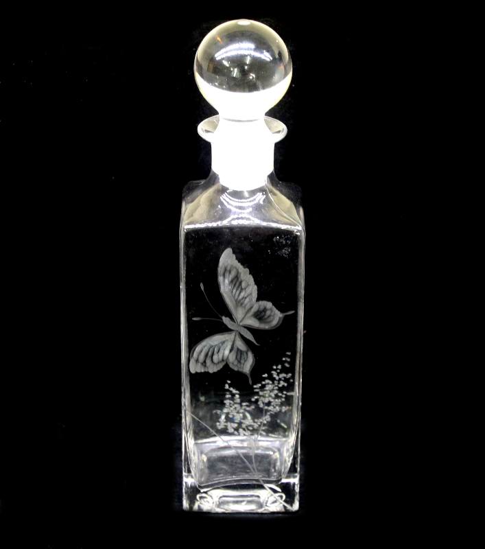 Vintage stunning crystal decanter etched with butterfly and foliage