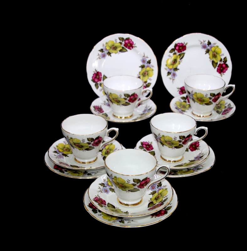 Vintage Royal Sutherland England set of 5 pretty floral teacup saucer plate trios
