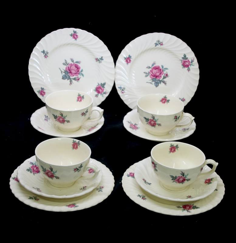 Vintage Burleighware BURGESS & LEIGH pink roses set of 4 teacup trios & jug