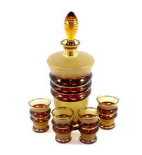 Load image into Gallery viewer, Vintage 1950s 1960s amber &amp; purple flash glass decanter &amp; four glasses
