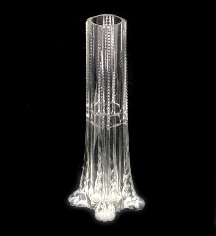 Antique etched tall glass bud vase with four feet