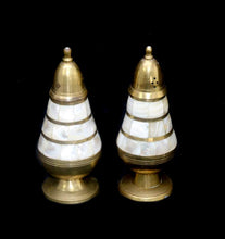Load image into Gallery viewer, Vintage pair of brass and mother of pearl salt and pepper shakers pots
