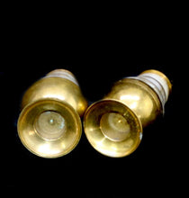 Load image into Gallery viewer, Vintage pair of brass and mother of pearl salt and pepper shakers pots
