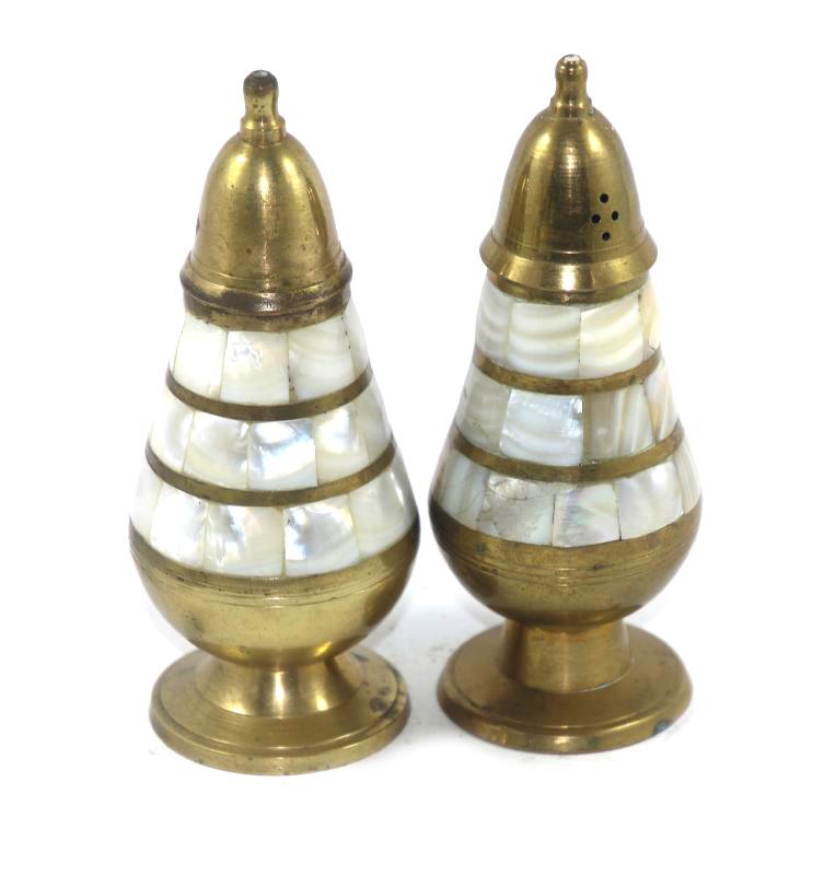 Vintage pair of brass and mother of pearl salt and pepper shakers pots