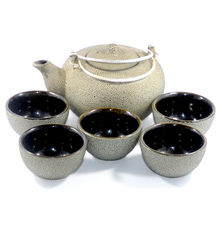 Vintage Chinese speckle glaze teapot and five small tea bowls