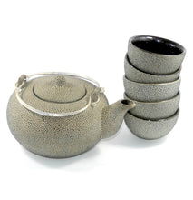 Load image into Gallery viewer, Vintage Chinese speckle glaze teapot and five small tea bowls

