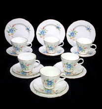 Load image into Gallery viewer, Vintage Crown Trent ENGLAND 18 pc set of 6 pretty blue flower teacup trios
