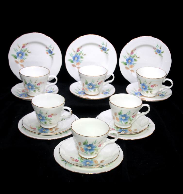 Vintage Crown Trent ENGLAND 18 pc set of 6 pretty blue flower teacup trios