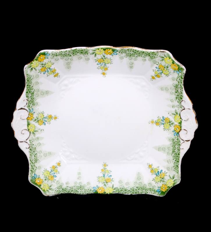Antique Tuscan 1920s pretty green & yellow flowers square cake plate
