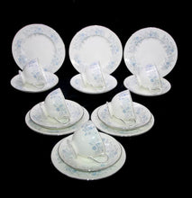 Load image into Gallery viewer, Vintage Wedgwood Belle Fleur ENGLAND blue &amp; white set of 6 teacup trios
