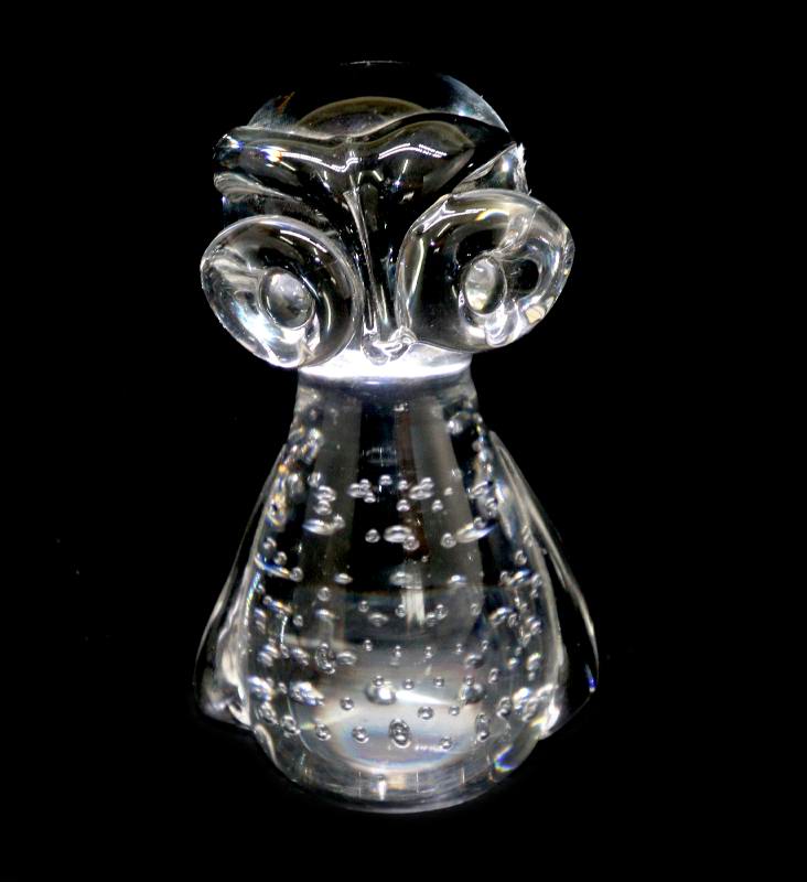 Vintage large and heavy solid crystal bubble owl paperweight